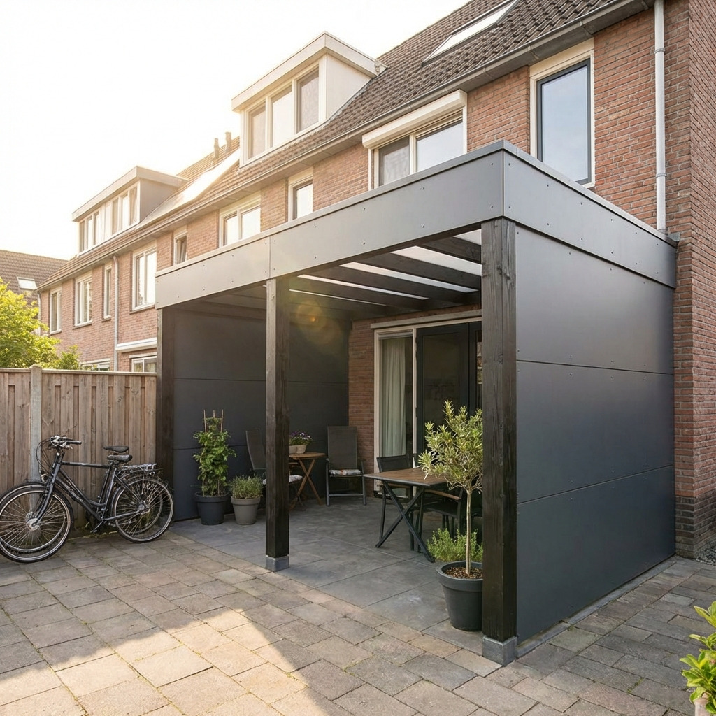 Moderne woning met zwarte overkapping, fietsen en planten bij de entree.