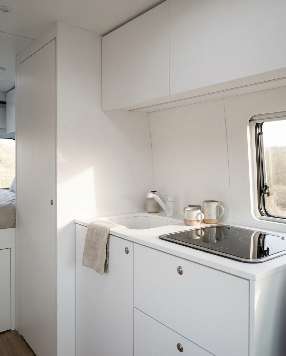 Trespa keuken in camper HPL wit