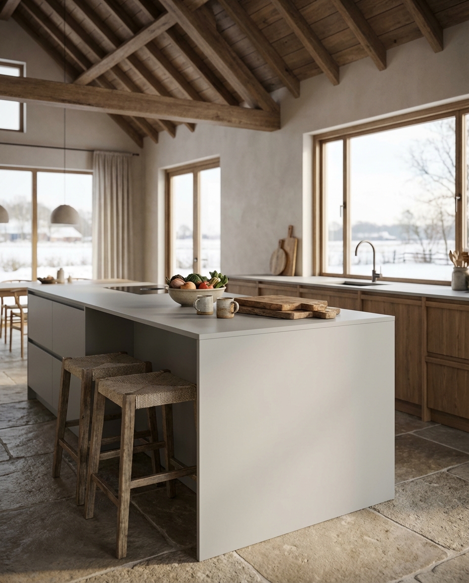 Trespa keuken kookeiland HPL lichtgrijs