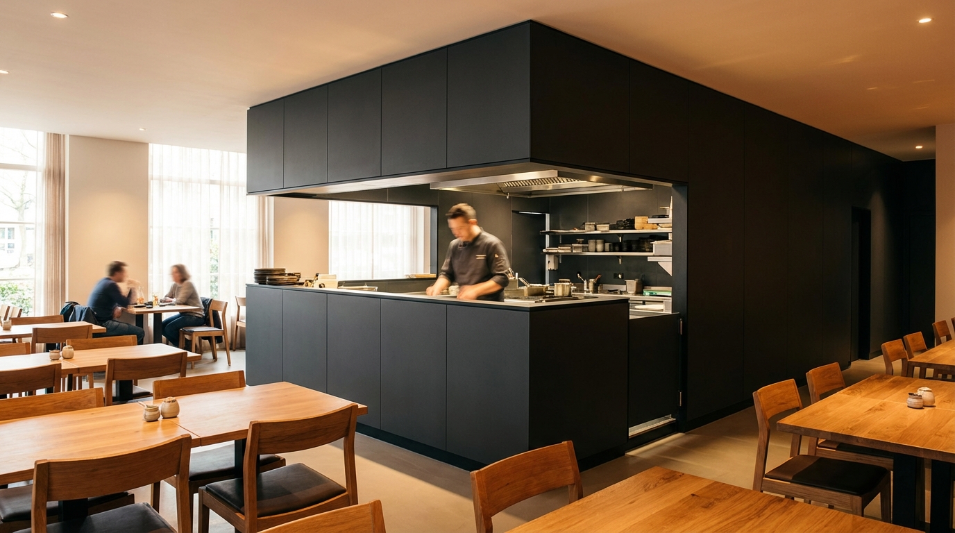 Open keuken restaurant Trespa HPL antraciet