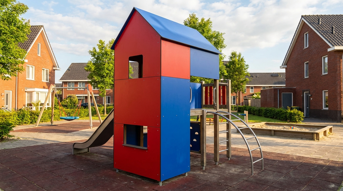 Huisje speeltoestel HPL Trespa rood blauw