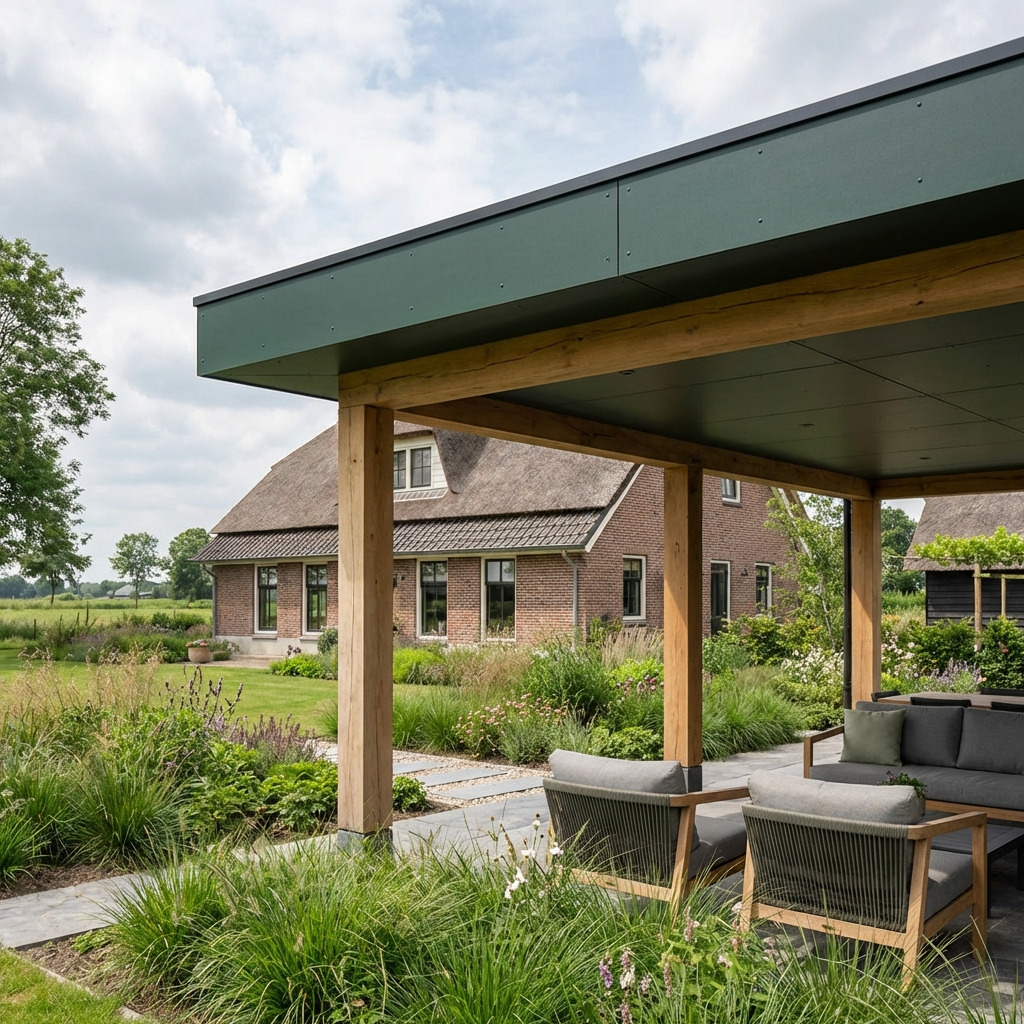 Achtertuin van een moderne rijwoning met houten overkapping en terras.