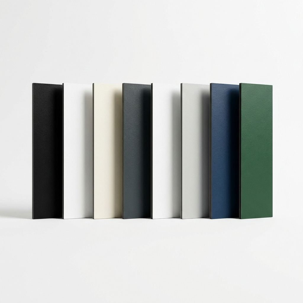 HPL gevelplaten in de kleuren gitzwart, crème wit, antraciet, zuiver wit, lichtgrijs en dennengroen.