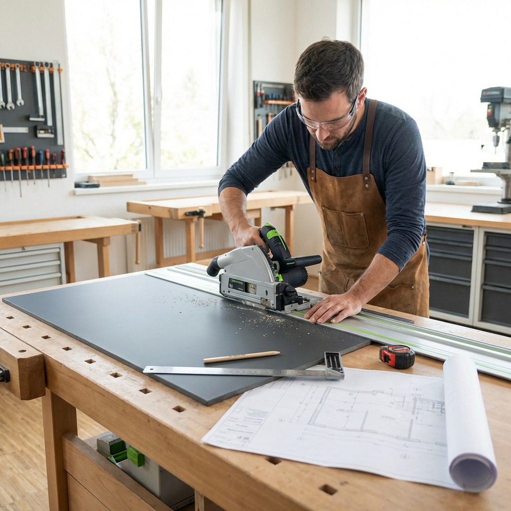 man maakt laminaatplaat op maat