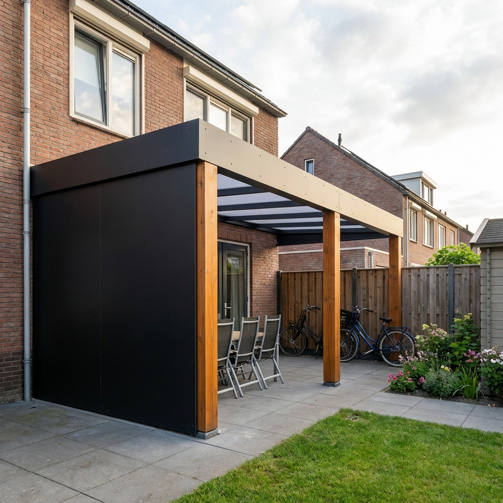 Rijtjeswoning met zwarte aanbouw en houten veranda in de achtertuin.
