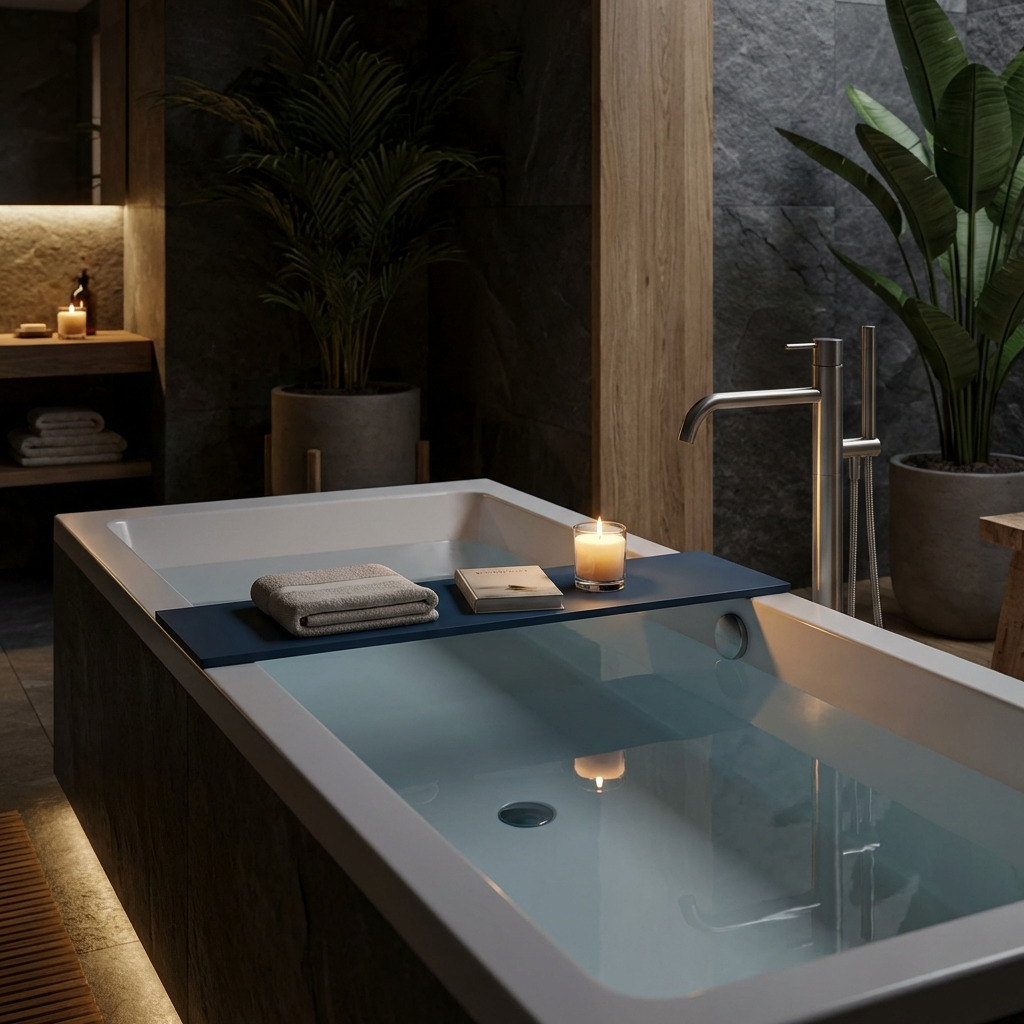 Grijze HPL badplank (RAL 7035) over een bad in een moderne badkamer, met boekhouder, kaars en zachte sfeerverlichting voor een rustige wellness uitstraling.