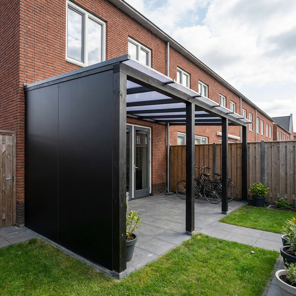 Rijtjeswoning met zwarte zijwand en aluminium terrasoverkapping in de tuin.