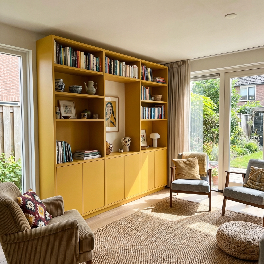 Boekenkast van HPL meubelplaat geel