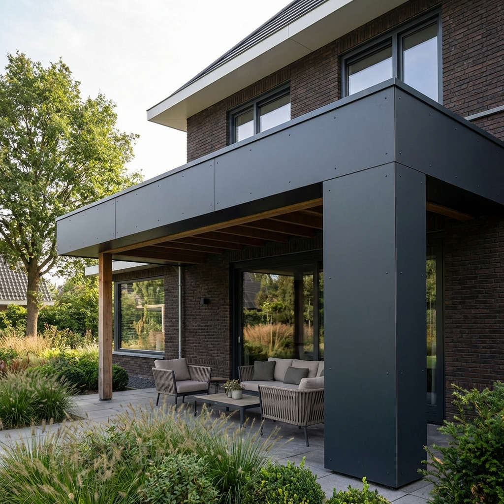 Achterzijde van een bakstenen rijwoning met houten overkapping en bestrate tuin.