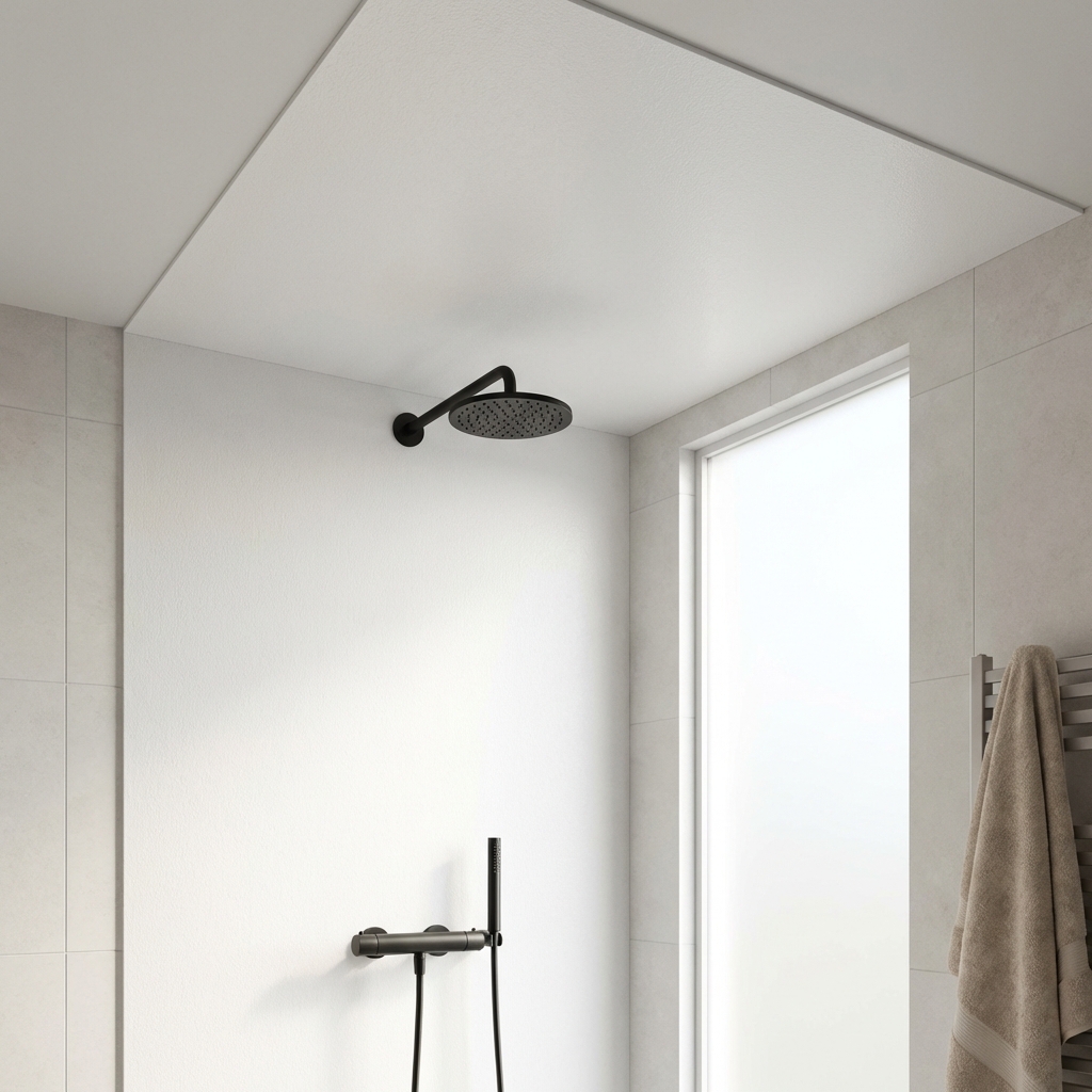 HPL plafondplaat douche in badkamer Trespa wit