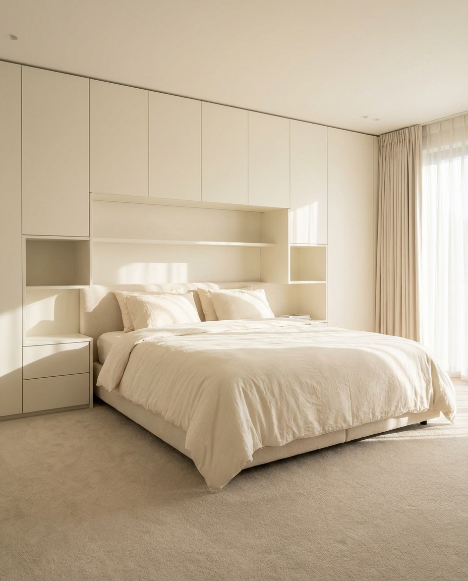 Wandkast in slaapkamer van HPL Trespa crème wit