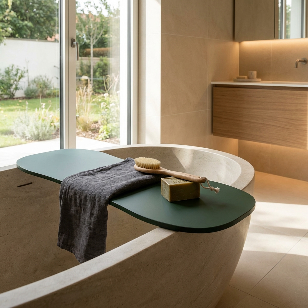 Groene HPL badplank (RAL 6009) over een vrijstaand bad bij een groot raam, met handdoek en schaal, in een lichte moderne badkamer met natuurlijke materialen.