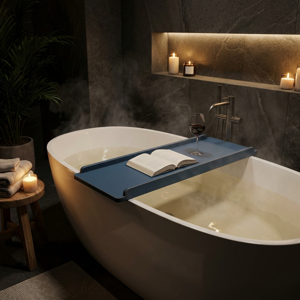 Blauwe HPL badplank (RAL 5011) over een vrijstaand bad in een sfeervolle badkamer, met kaarsen, boekhouder en warme verlichting voor een luxe spa-uitstraling.
