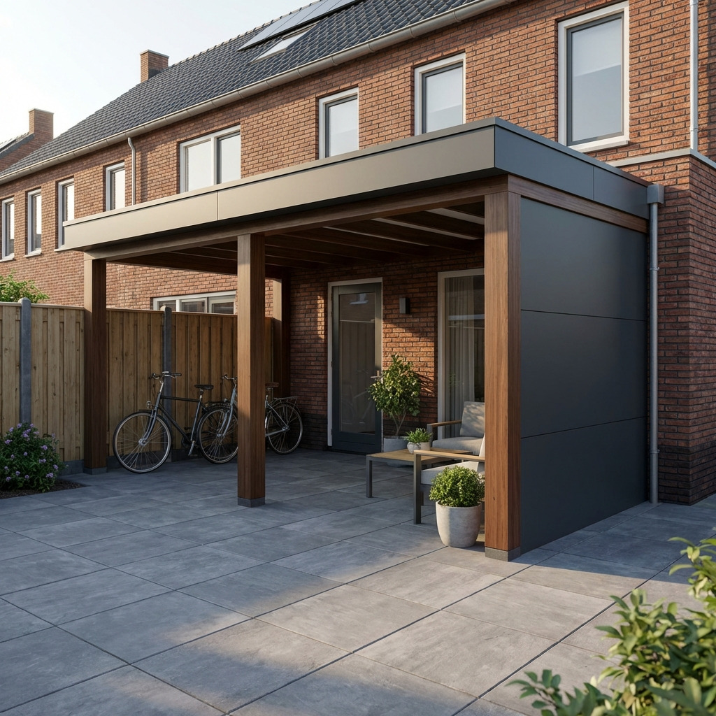 Rijtjeswoning met houten overkapping en fietsen onder de carport.