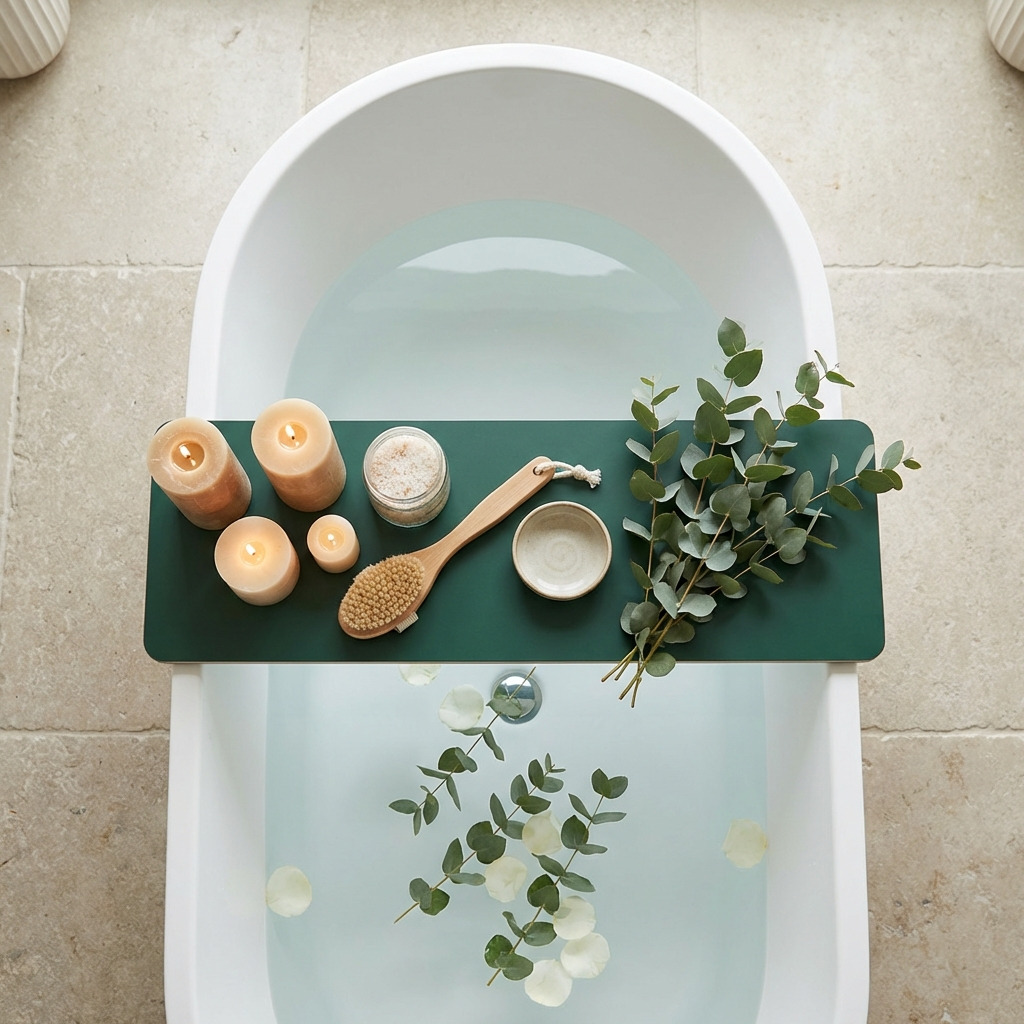 Donkergroene HPL badplank (RAL 6009) over een gevuld bad, met kaarsen, badaccessoires en eucalyptus takjes in een rustige spa-setting.