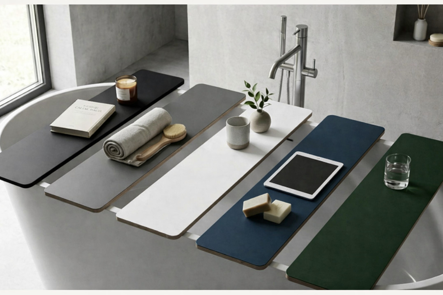 Vrijstaand bad met meerdere badplanken in verschillende kleuren, elk met accessoires zoals een boek, kaars en tablet.